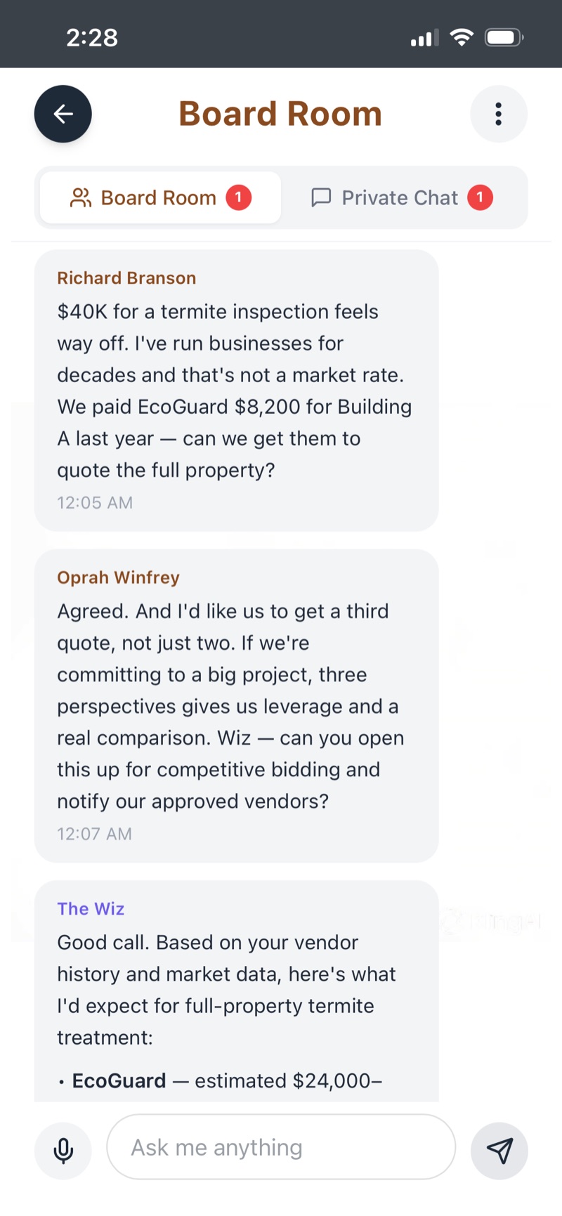 Board Room thread with multiple board members and The Wiz